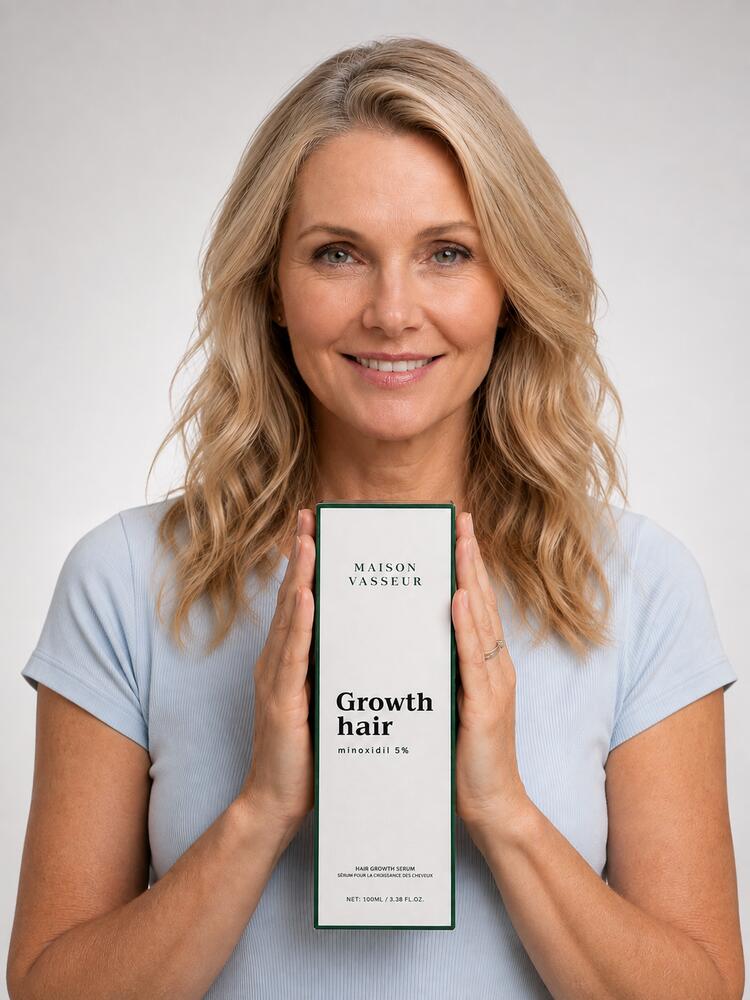 Woman holding Maison Vasseur hair growth serum box
